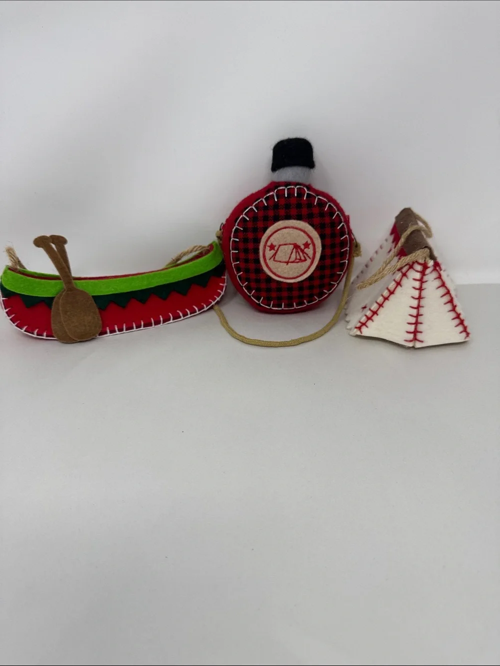 FELT CLOTH CHRISTMAS ORNAMENT LOT OF 3 CANOE TEEPEE CANTEEN CAMPING OUTDOOR